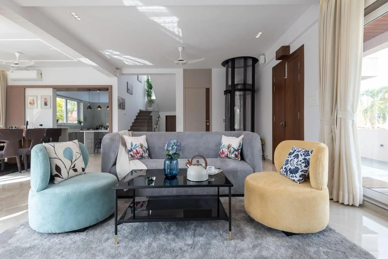 The living room, with the home lift behind